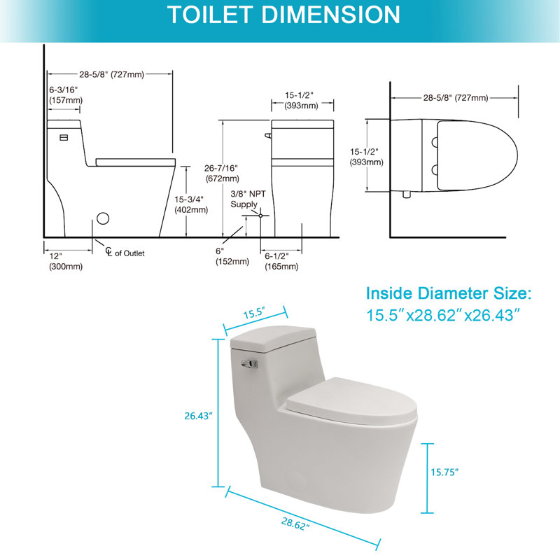 Toilette en céramique une pièce en blanc - chasse d'eau efficace, siège, chasse d'eau Tornado, finition haute en porcelaine avec siphon de siège, débit d'absorption d'eau faible et puissant