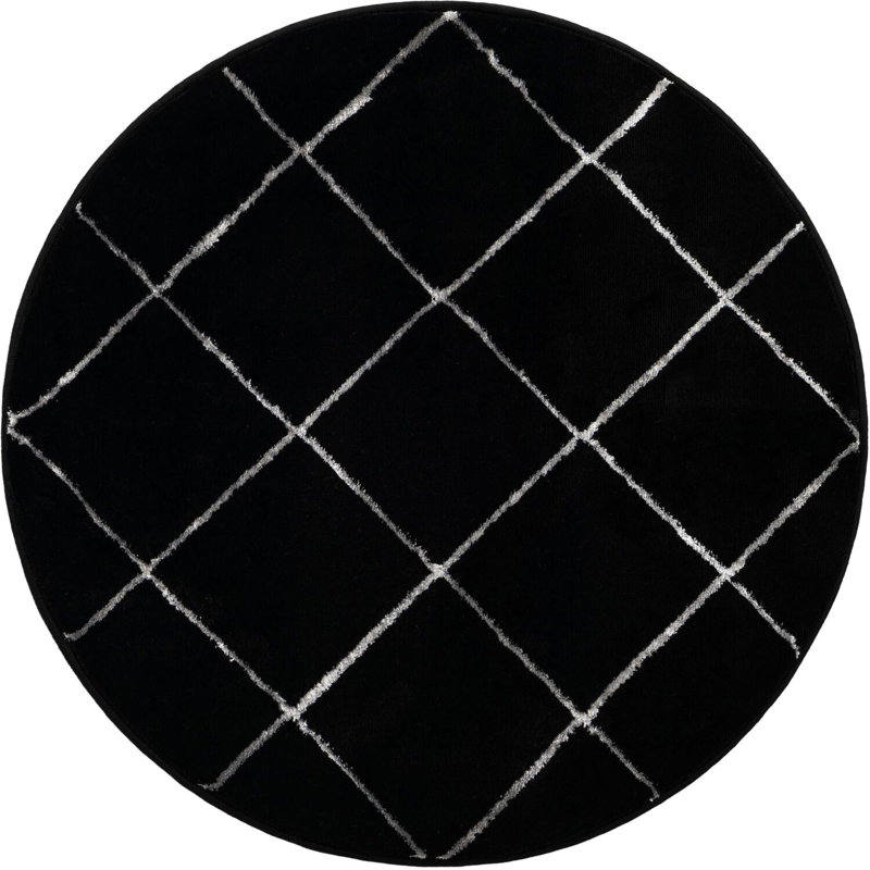 Tapis contemporain noir et argent Etowah, Rond 3 pi 1 po