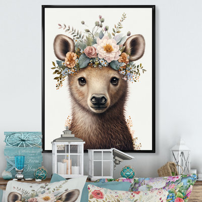 Mignon bébé ours avec couronne florale IV - animaux, art mural sur toile