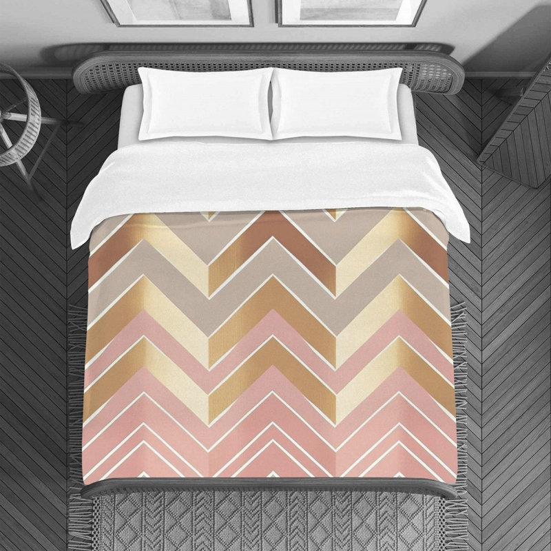 Housse de couette à motif de chevrons doré / rose, Housse de couette pour lit simple