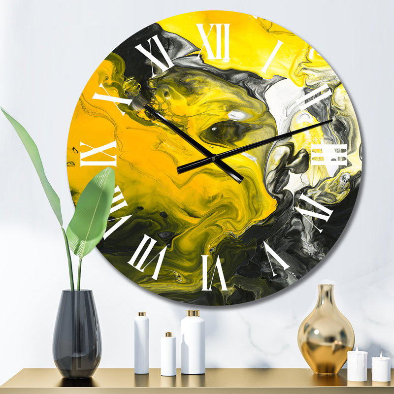 Jaune jaune noir et blanc liquide Art III - horloge murale moderne, Petit