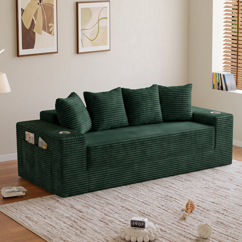Upholstered 78 " Cotton Sofa, Green