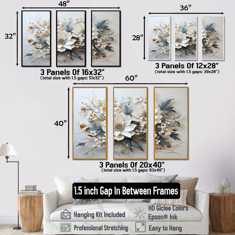 Fleurs saisonnières charme en hiver I - ensemble d'art mural fleurs saisonnières, H 28 po x l 36 po x P 1 po