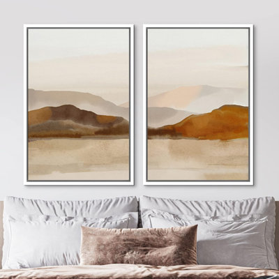 «Abstract Landscape Neutral Watercolor Brown Mountain», reproduction d'art sur toile encadrée 2 pièces
