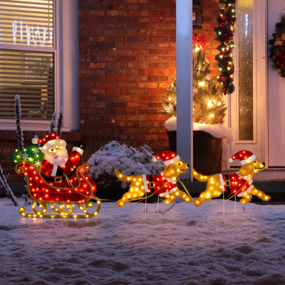 90.5"L Christmas 2D Dog With Santa Sleigh Lighted Outdoor Decor With 220 Warm White LED Lights