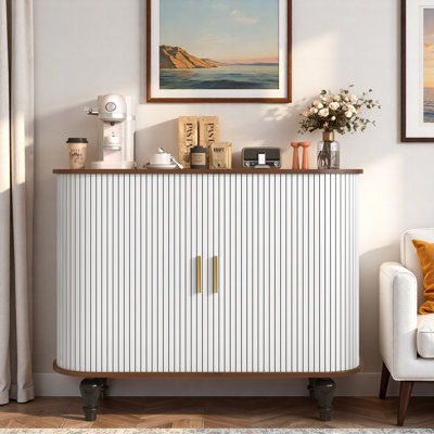 Armoire à boissons cannelée pour boissons alcoolisées et café avec 6 porte-bouteilles, 3 porte-verres, 1 grand tiroir de rangement et 4 compartiments de rangement latéraux cachés