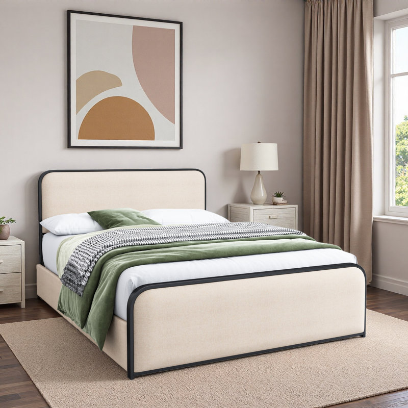 Lit moderne en métal avec tête de lit tapissier courbée et rangement sous le lit, Grand lit, Beige/noir