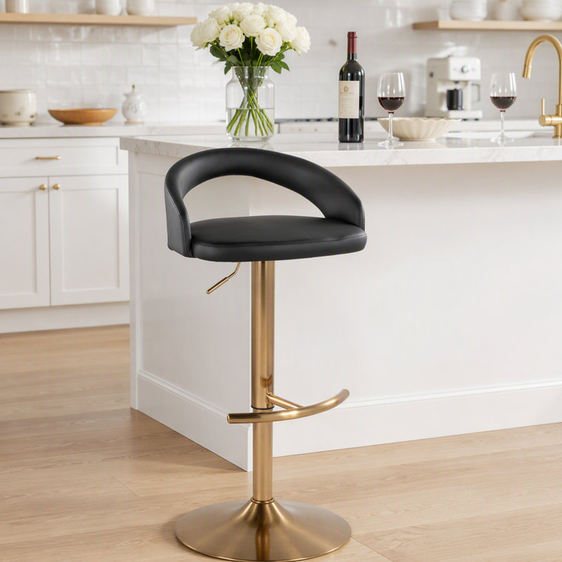 Tabouret de bar réglable en métal doré et similicuir noir avec repose-pieds arrondi en T - ensemble de 2, 2