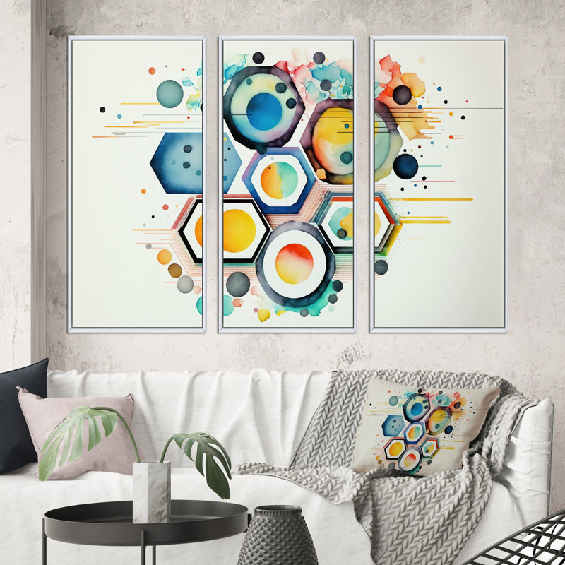 «Diamanto Hexagon and Circular Abstract III», reproduction de 3 pièces, H 28 po x l 36 po x P 1 po, Cadre blanc