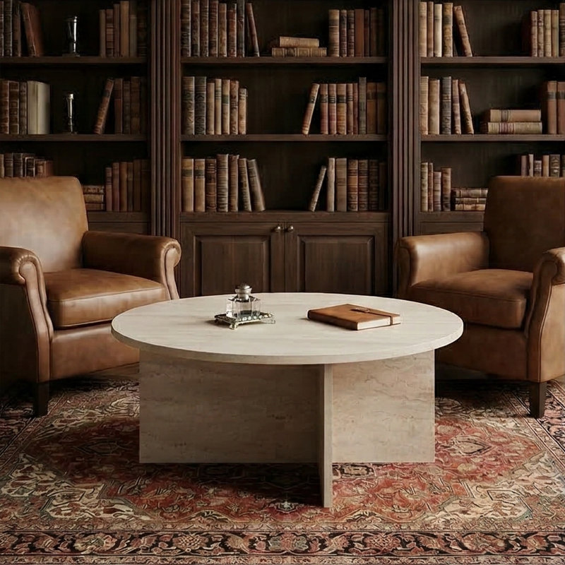 Ellington 35" Wide Round Coffee Table, Travertine