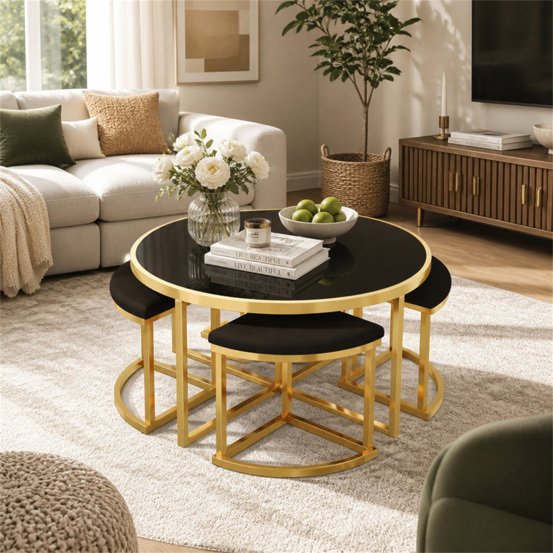 Tempered Glass Top Nesting Coffee Table, Black / Gold