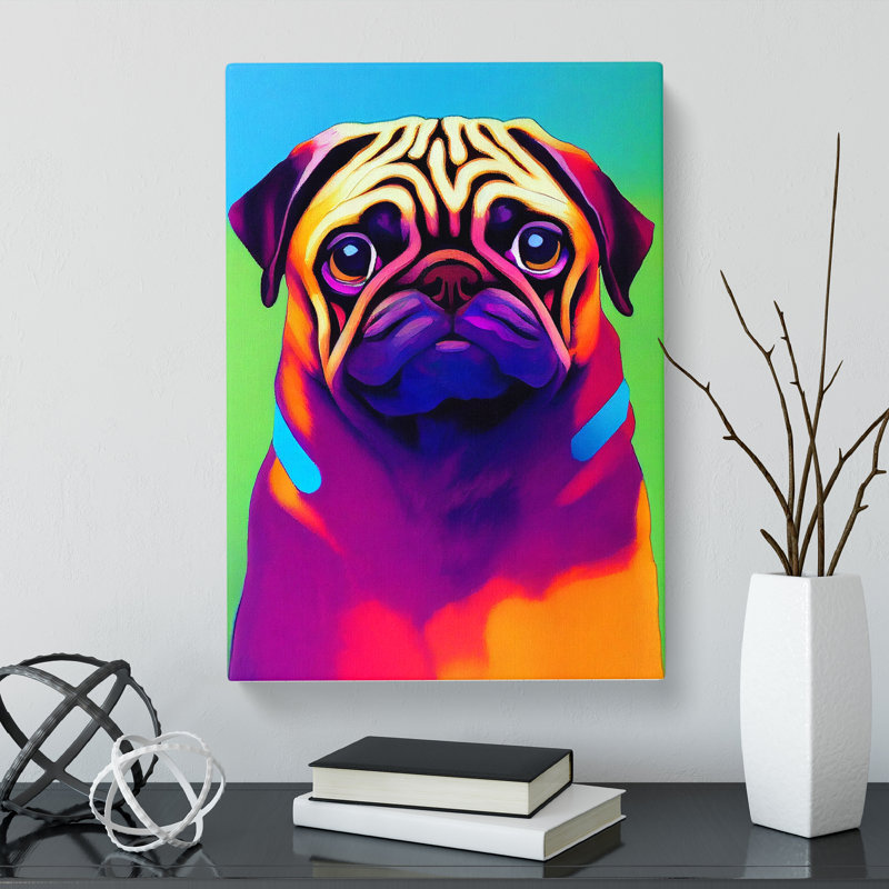Cleitus Pug Dog Painting Color - Wrapped Canvas Print, 50cm H x 35cm W