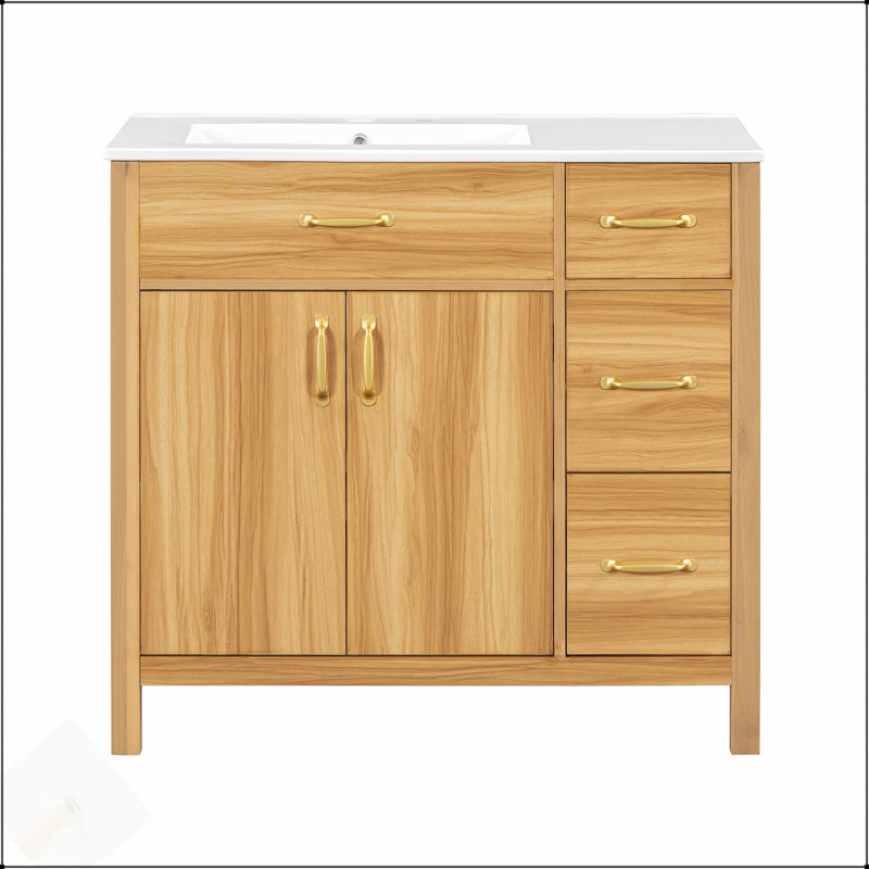 Meuble-lavabo de 36 po en bois avec cadre solide, portes à fermeture douce, tiroirs, tablette réglable, parfait pour les petites salles de bain