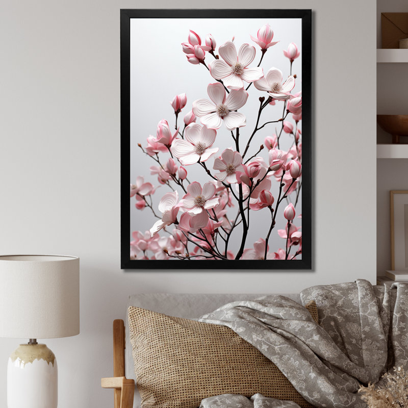 Champ photo rose et blanc cornouiller - décoration murale florale et botanique, H 20 po x l 12 po x P 1 po, Cadre photo noir