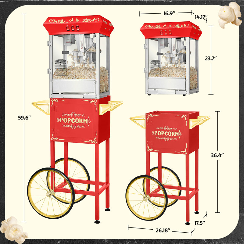 Machine à maïs soufflé Foundation avec chariot - Bouilloire en acier inoxydable de 8 oz pouvant contenir jusqu'à 48 tasses, avec lumière chauffante et accessoires - Chariot à popcorn rétro sur roulettes par Great Northern Popcorn (rouge)