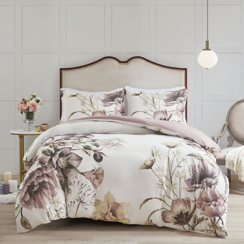 Housse de couette en coton avec grand motif floral, double / grand, 1 et 2 taies décoratives, fermeture à boutons, attaches de coin pour sécuriser l'édredon, imprimé floral, agencement de couleurs douces, attaches,