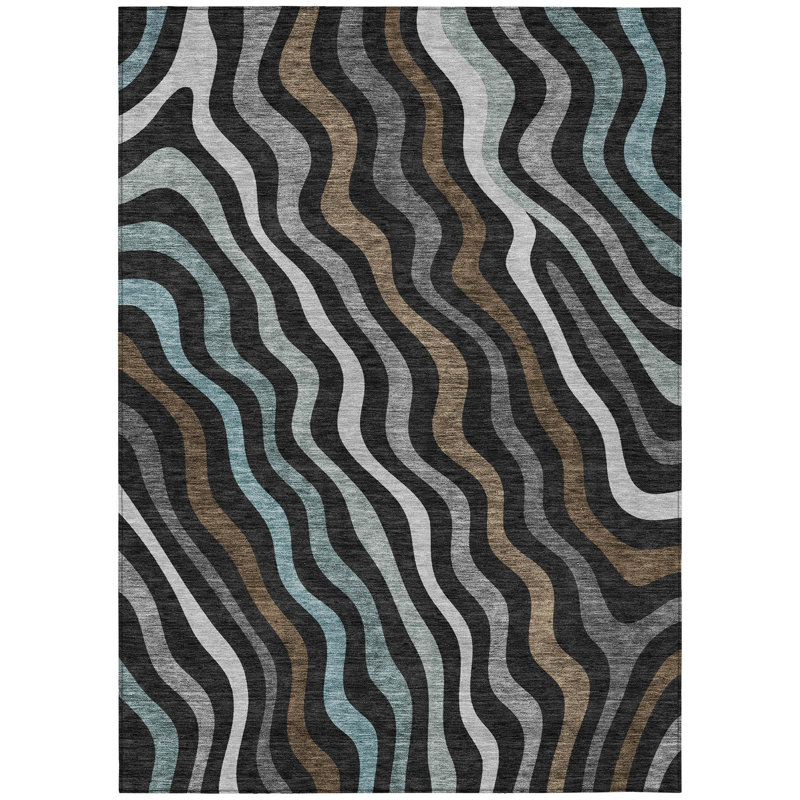 Machine Washable Indoor/Outdoor Chantille ACN2570 Abstract Rug, 3' x 5', Black