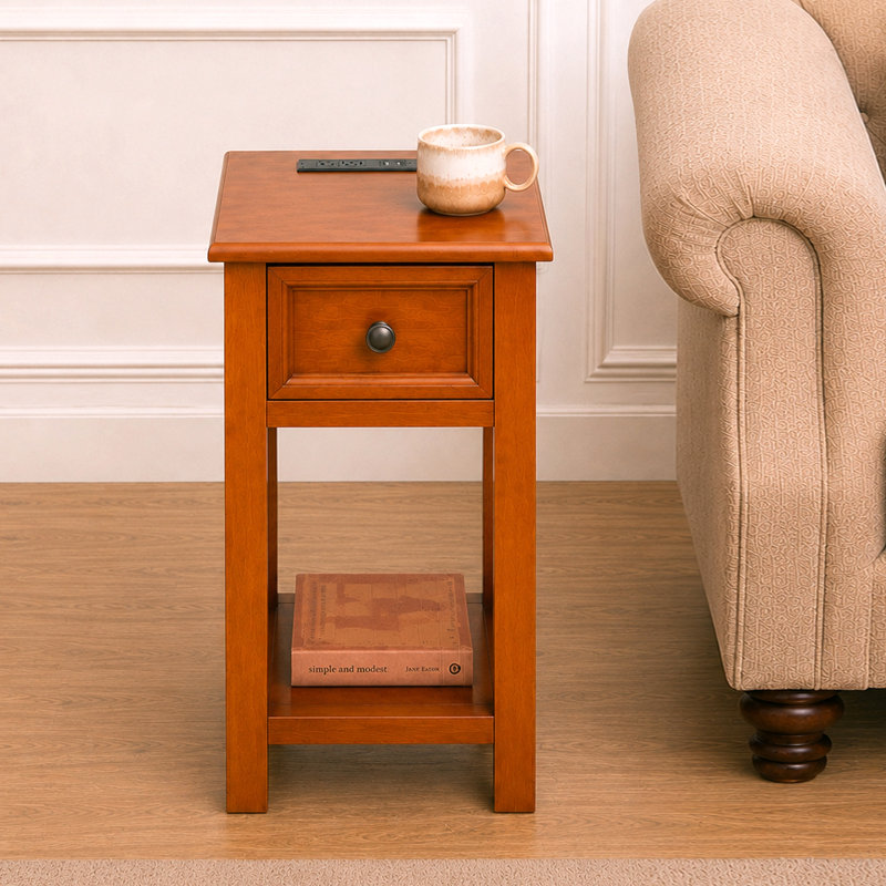End Table With Drawer and Shelf, Mission-Style, Veneers and Wood Construction Walnut Color for Living Room and Bedroom