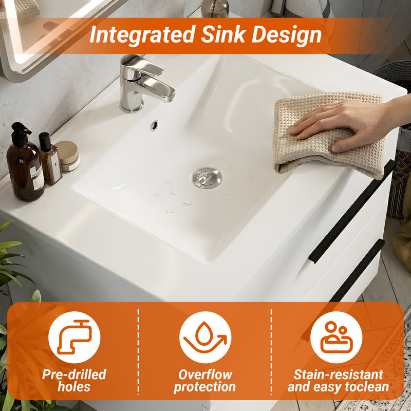 30" Floating Bathroom Vanity Sink with 2 Fluted Drawers,Modern Wall-mounted Bathroom Storage Cabinet with Black Metal Handles,White