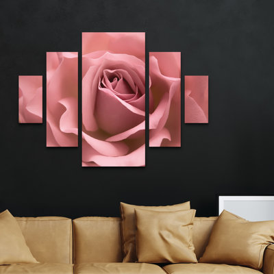 5 Panel Wall Art Set - Cora Niele 'Misty Rose Pink Rose' Canvas Wall Art for Living Room, Bedroom, or Office Decor by 