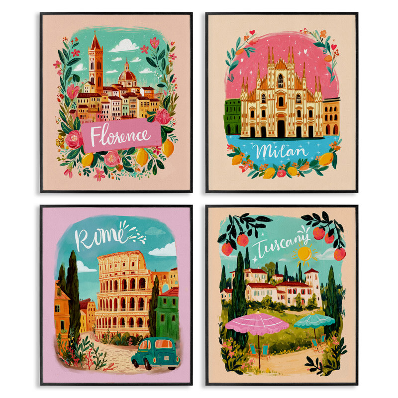 Ensemble de 4 giclées encadrées, Italie, Italie, H 14 po x l 11 po, Giclée encadrée noir minuit
