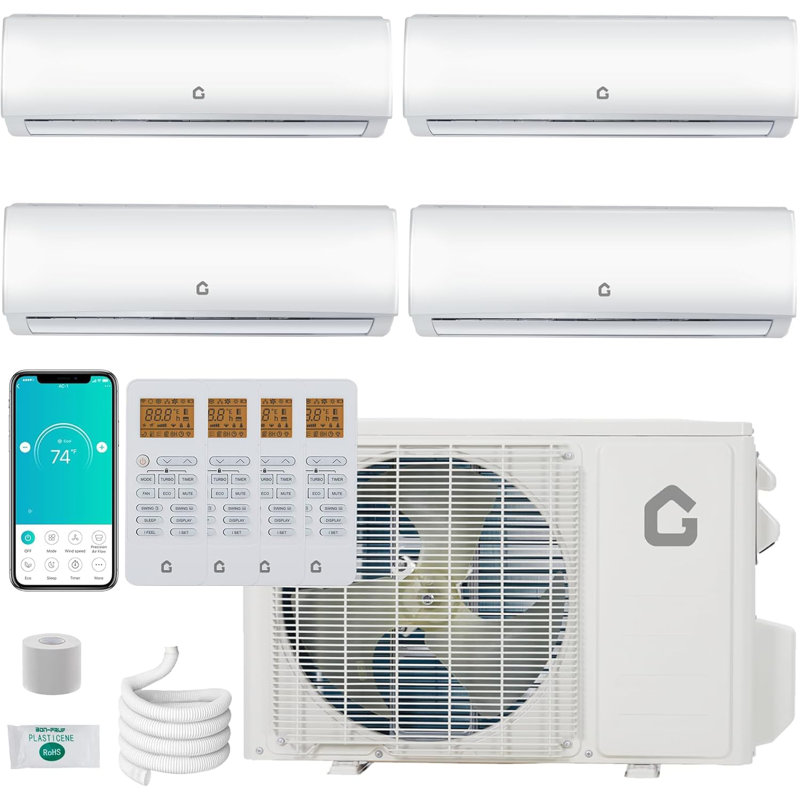 Système de mini-pompe à chaleur divisée sans conduit à 35 zones 19 SEER2 35000 BTU avec technologie d'onduleur multi-pièces, condensateur préchargé (9K + 9K + 12K + 12K)