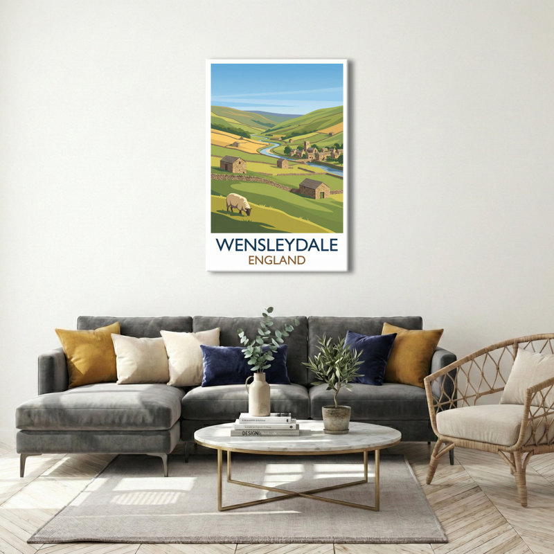 Wensleydale, England - Romantic Yorkshire Dales Travel Poster Of River, Stone Barns And Rolling Hills. Giclee Print On Wrapped Canvas. Wall Art, Home Decor - Regions & Scenic Areas, England - Wrapped Canvas Print