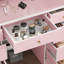 Commode de coiffeuse rose mat avec miroir lumineux à DEL et boutons en cristal