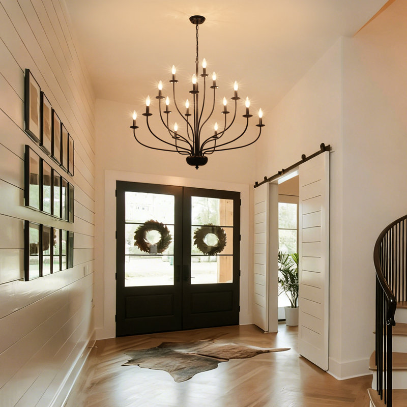15-Light 39.37"W Large Dimmable Traditional/Classic Candle Style Chandelier For Living Room Dining Room, Matte Black