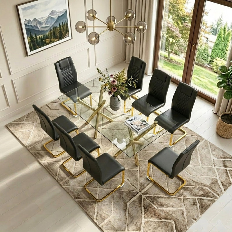Contemporary 9-Piece Glass Dining Room Set With Diamond Quilted Faux Leather Chairs, 9 Pieces: Table, 8 Chairs, Black