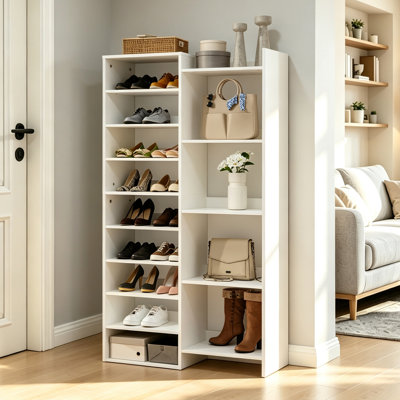 Range-chaussures à 14 niveaux, range-chaussures moderne de 60 po de haut, armoire à chaussures avec casiers ouverts, range-chaussures à 30 paires pour garde-robe, vestibule, vestibule, couloir, blanc