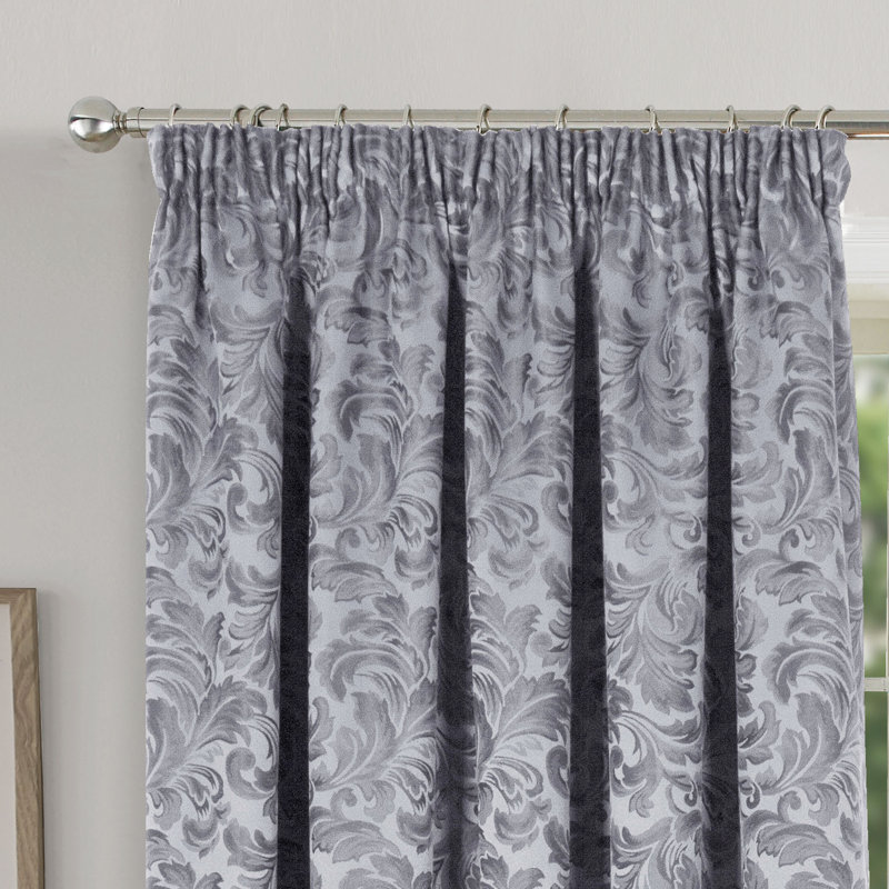 Hallas Pencil Pleat Damask Jacquard Curtains, Grey, 114 W x 183 D cm