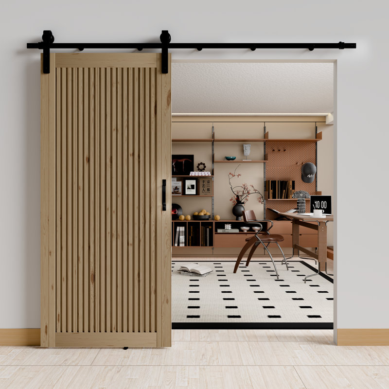 Porte de grange coulissante à panneau de lattes en bois - La porte intérieure en bois massif comprend la trousse de quincaillerie d'installation (assemblage requis)