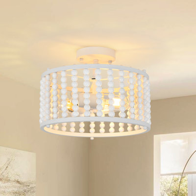 Olivos 12.6" 3-Light Drum Chandelier Solid Wood Beaded Semi Flush Mount Light Fixtures