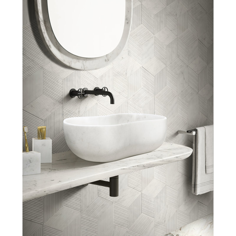 Lavabo vasque en marbre naturel blanc, 23,6 po x 14,2 po x H 7,1 po, conception ondulée, salle de bain spacieuse avec 7,1 po de hauteur, semi-polie et élégante