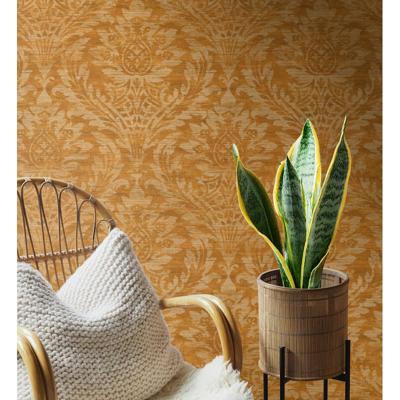  Papier peint à motif damassé tropicale orange Rorie Designs, Orange