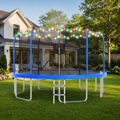14FT Trampoline with LED Lights and Basketball Hoop, Durable and Safe for Family Fun