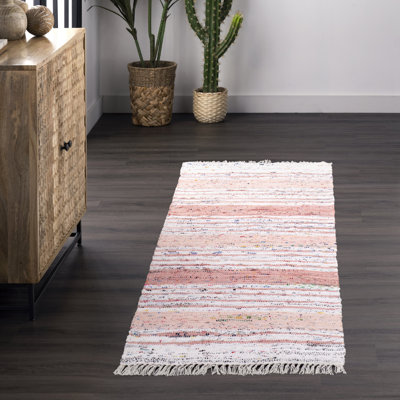 Tapis rayé en coton tissé à plat à la main rose / blanc / noir