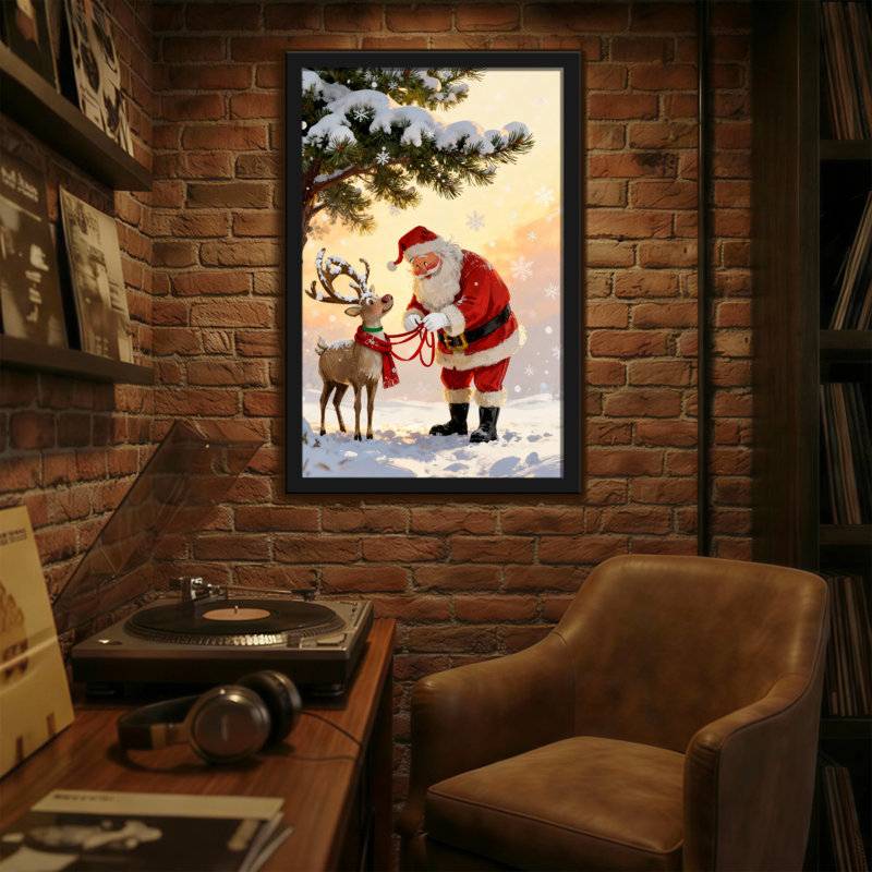 Noël père Noël avec renne dans un paysage enneigé