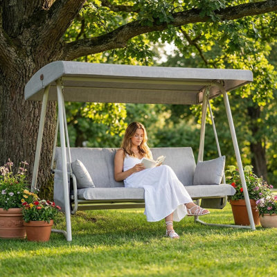 3 To 4 Person Outdoor Patio Swing Chair, 2-In-1 Convertible Porch Swing Glider Chair With Removable Cushions, Adjustable Canopy & Pillows
