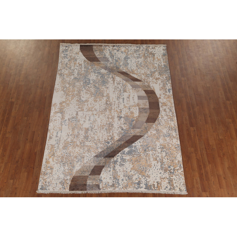 Tapis oriental rayé à motif abstrait 7 x 9