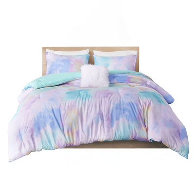 Queen Watercolor Tie Dye Printed Comforter Set With Throw Pillow