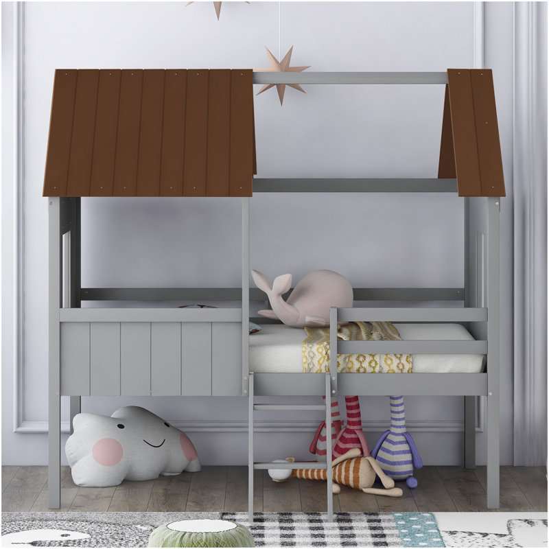 Lit mezzanine simple en bois avec deux fenêtres latérales (gris et brun), Gris