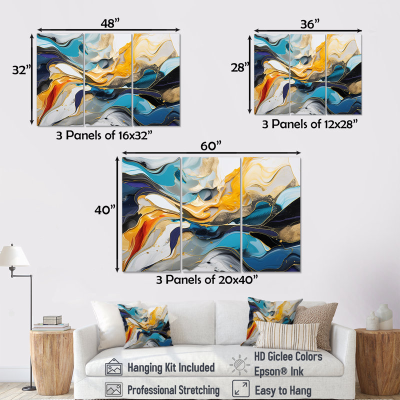 «Blue» et «Yellow», encre liquide «Harmony», art mural abstrait à l'encre liquide, Toile tendue, H 40 po x l 61 po x P 1 po