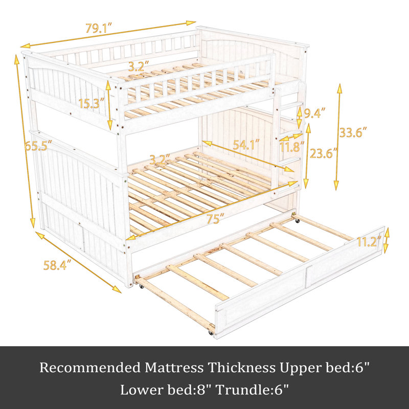 Full Over Full Bunk Bed With Twin Size Trundle, Pine Wood Bunk Bed With Guardrails, White