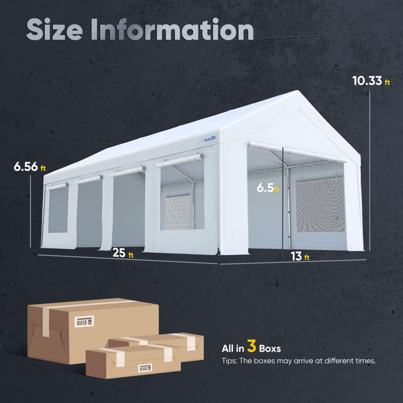 Quictent 13x25 ft Heavy Duty Carports with Side Zipper Doors & Snowproof Steel Cables & Ventilated Windows, Waterproof Storage Shelter for Outdoor Equipment, White