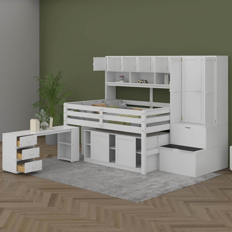 Jernegan Full Size Wooden Loft Bed with Under-bed Desk, Drawers and Shelves, White