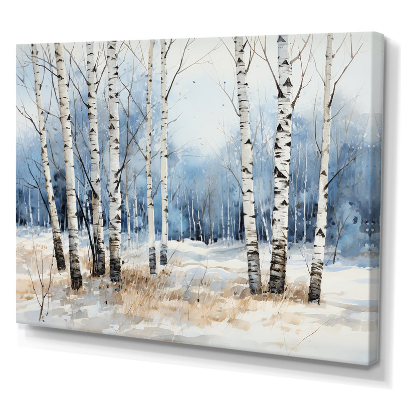 Bois de bouleau blanc et bleu en hiver - Art mural bouleau, H 24 po x l 32 po x P 1 po, Toile tendue
