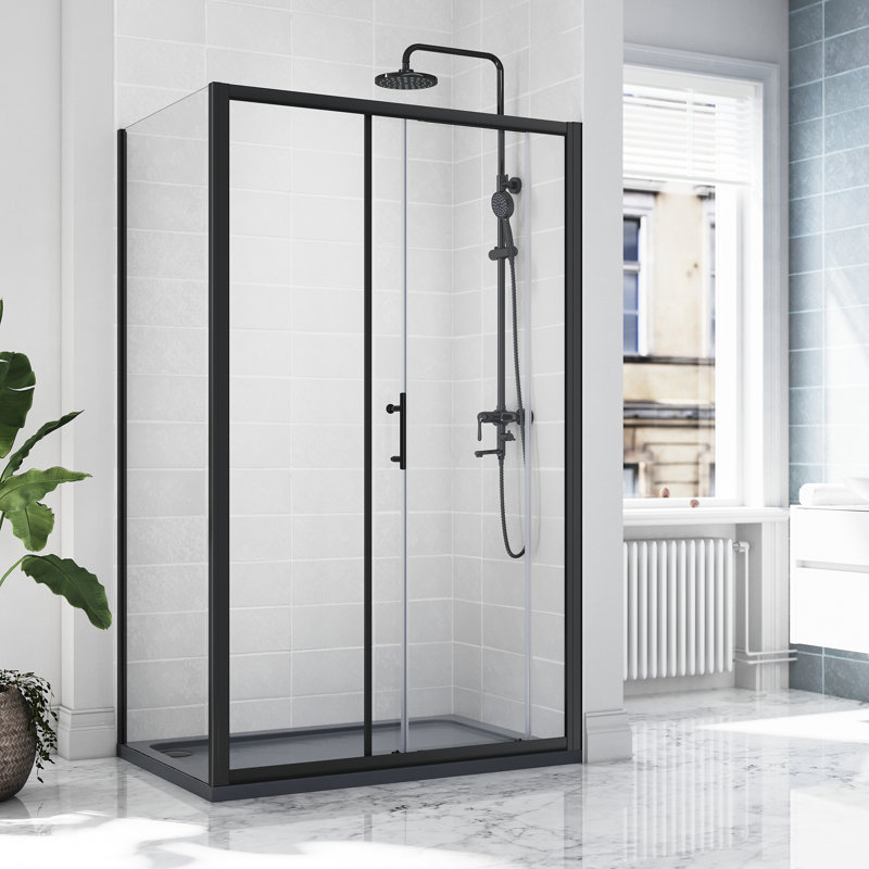 185*110*0.6cm, Safe and Easy-To-Clean Sliding Shower Enclosure with Side Panels, Black