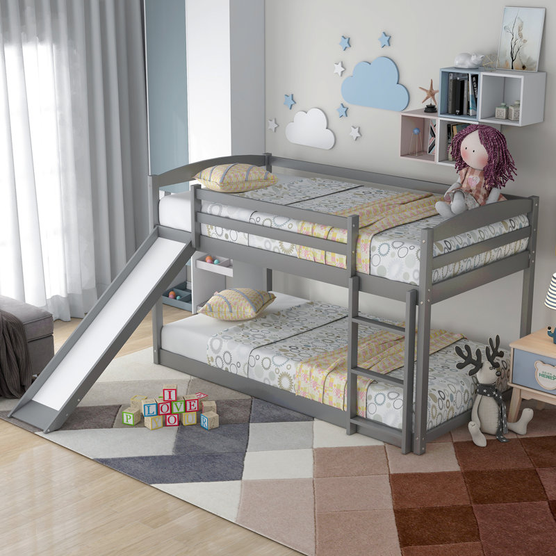 Twin Over Twin Bunk Bed With Convertible Slide And Ladder, Gray